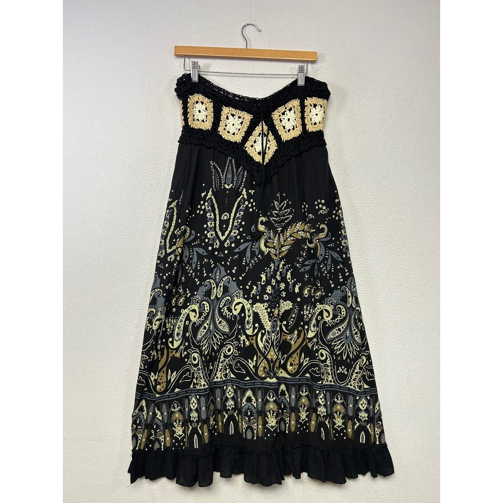 Boho Festival Unbranded Womens Medium Black Crochet Waist Paisley Maxi Skirt